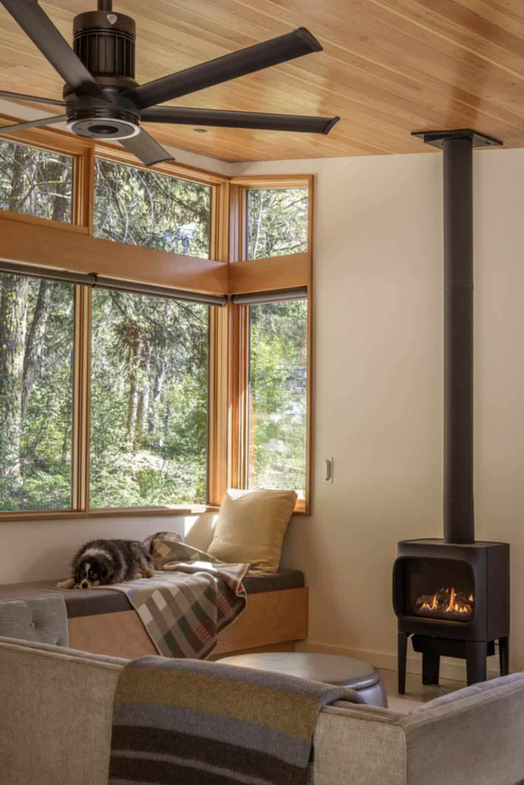 Living room corner with gas stove, built-in window seat, and dog