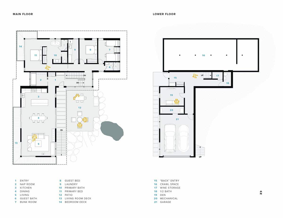 Floor plan of modern hillside house showing main floor, lower floor, and garage levels