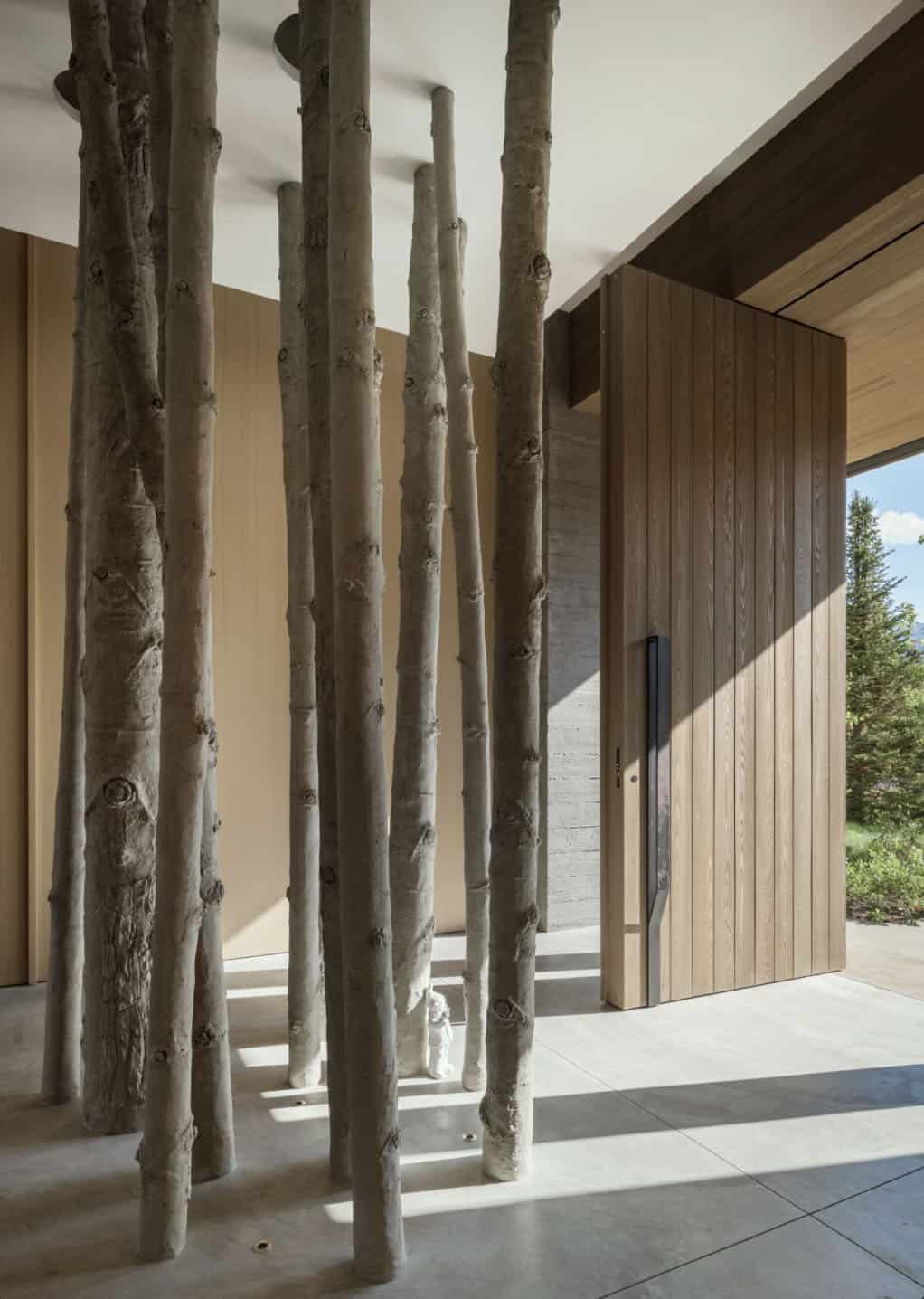 Entryway with cluster of bare aspen trunks as a sculptural feature beside a wood pivot door
