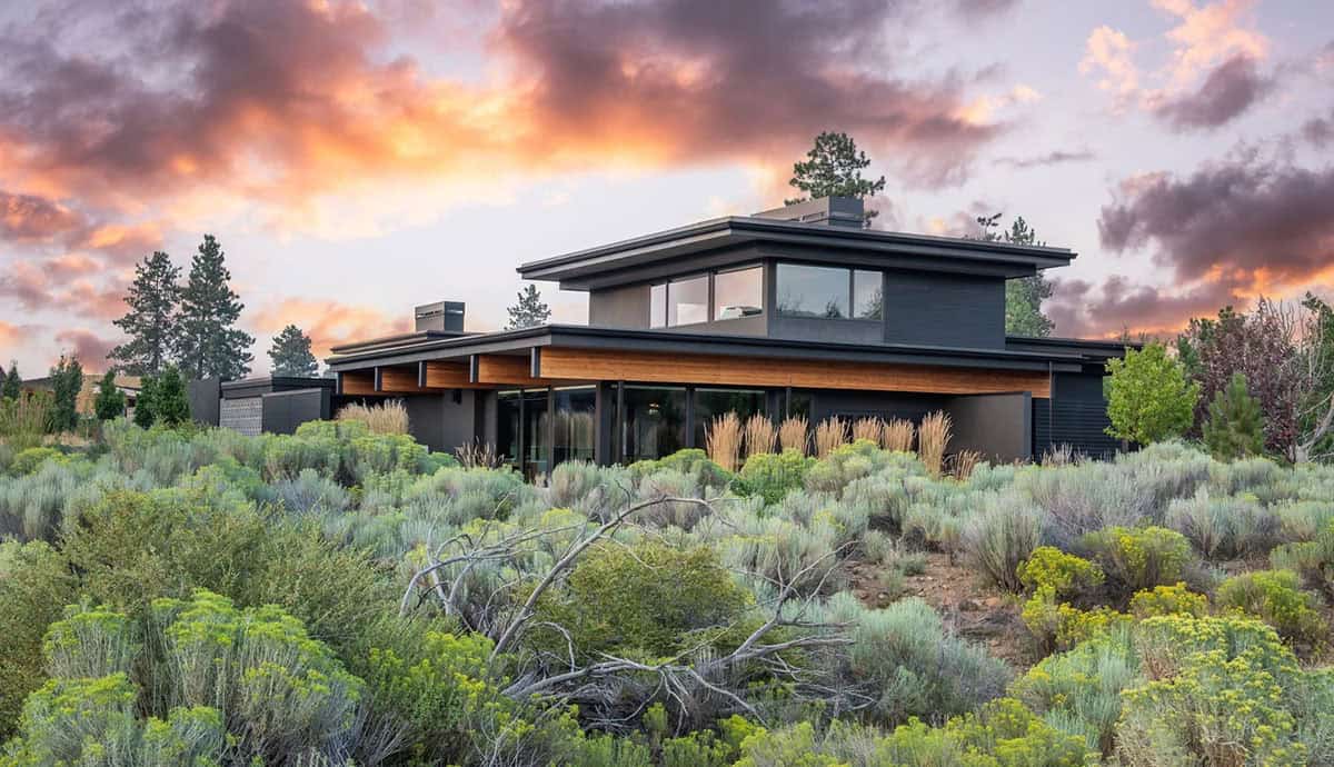 Modern organic home exterior at sunset surrounded by sagebrush, with dark stucco, cedar soffits, and expansive upper-floor windows