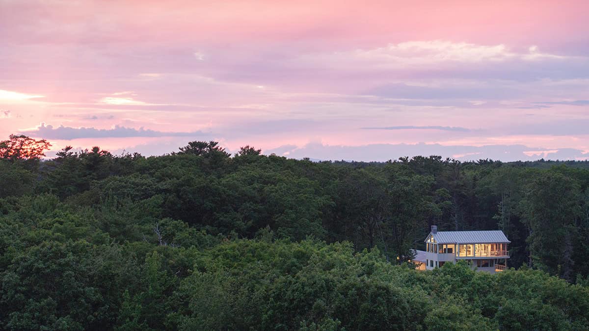 Modern treetop home glowing at sunset, barely visible above the forest canopy in Kennebunkport, Maine