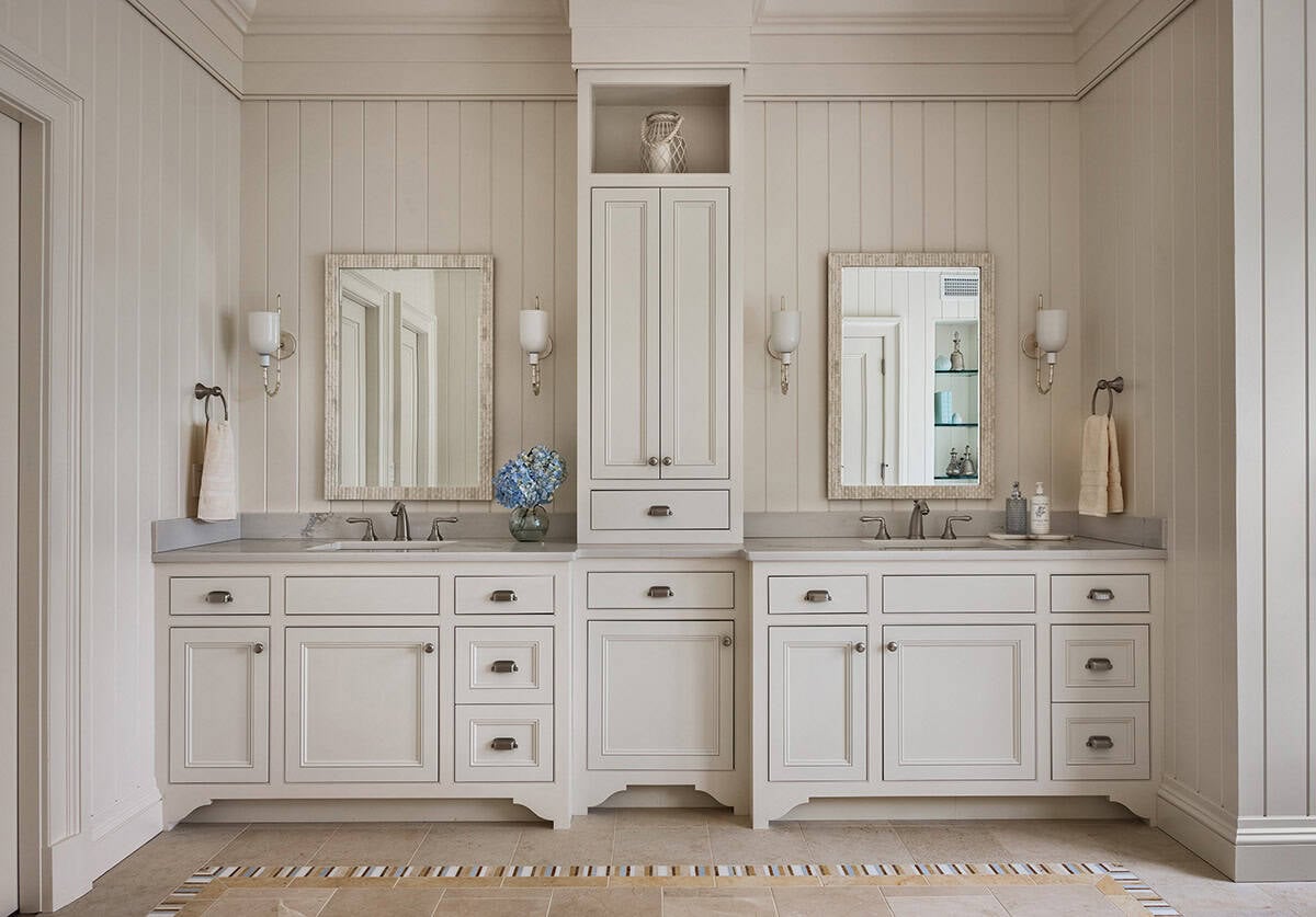 Double vanity bathroom with vertical shiplap paneling and matching mirrors