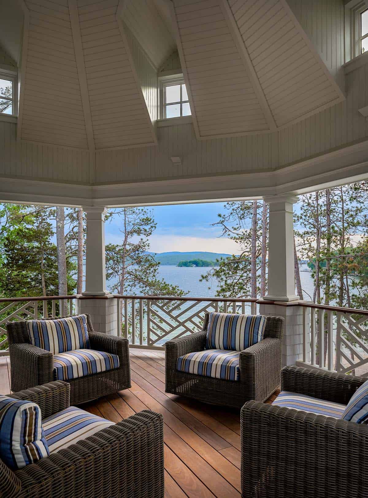 Wicker armchairs on screened porch overlooking lake, islands, and mountains