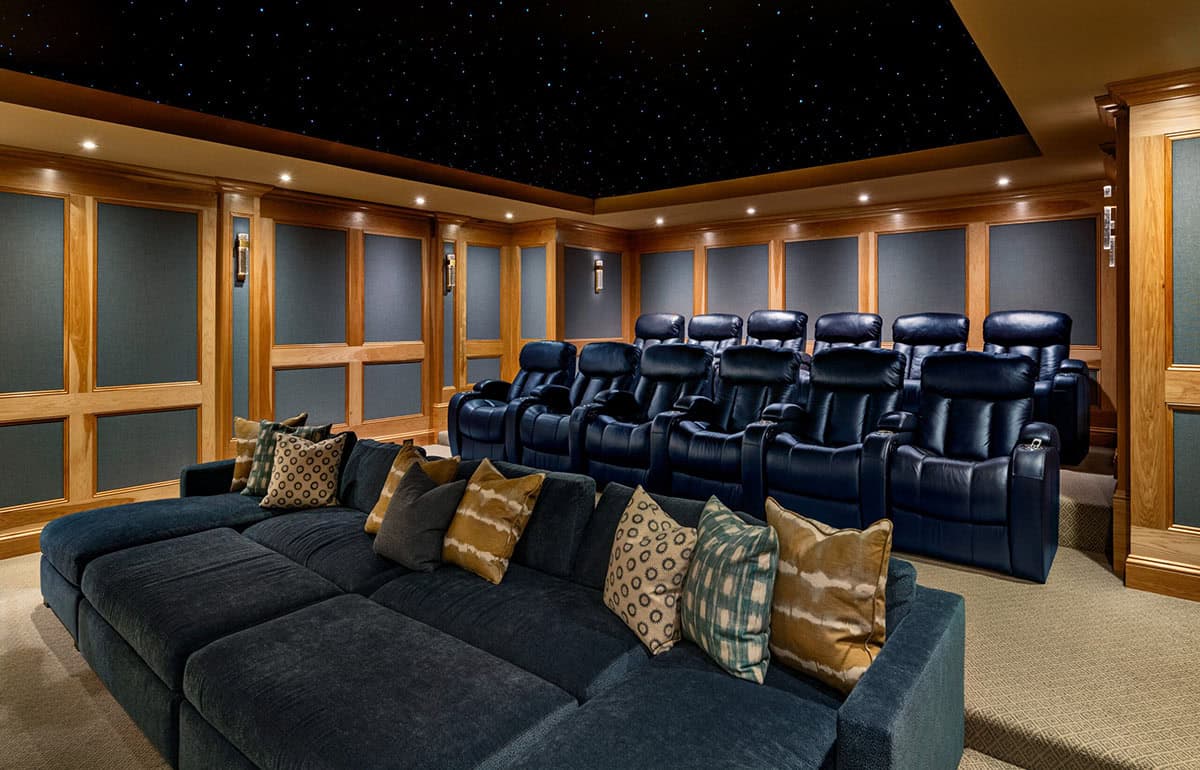 Home theater with navy leather recliners, sectional sofa, and star-lit ceiling