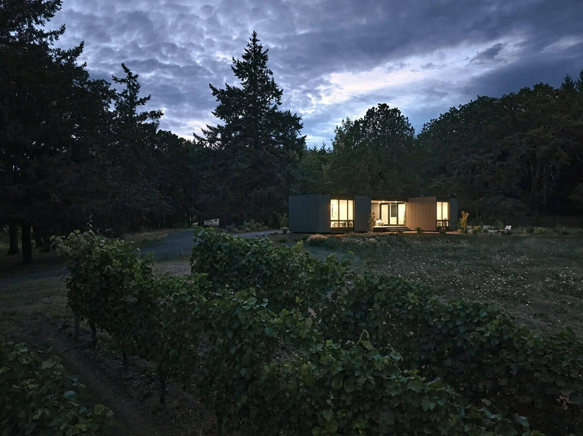 House glowing with interior light at night beyond a vineyard hedge