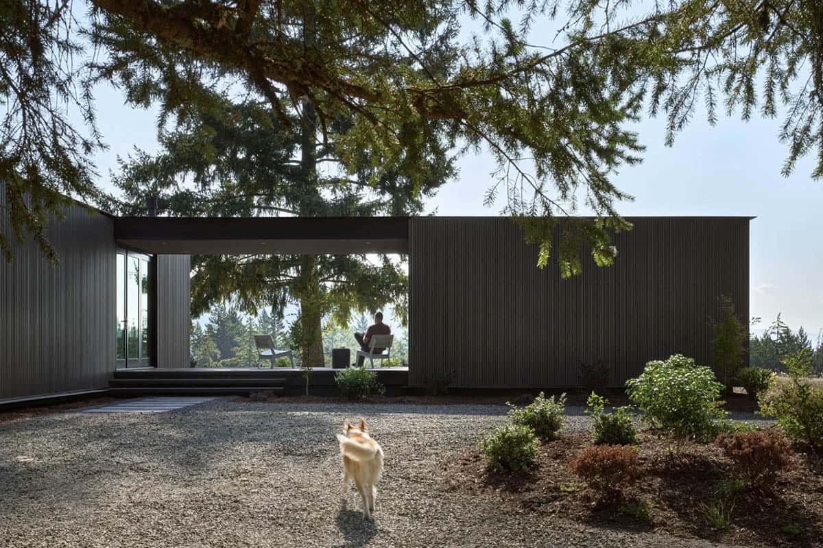 Dog walking across gravel toward the home's open breezeway
