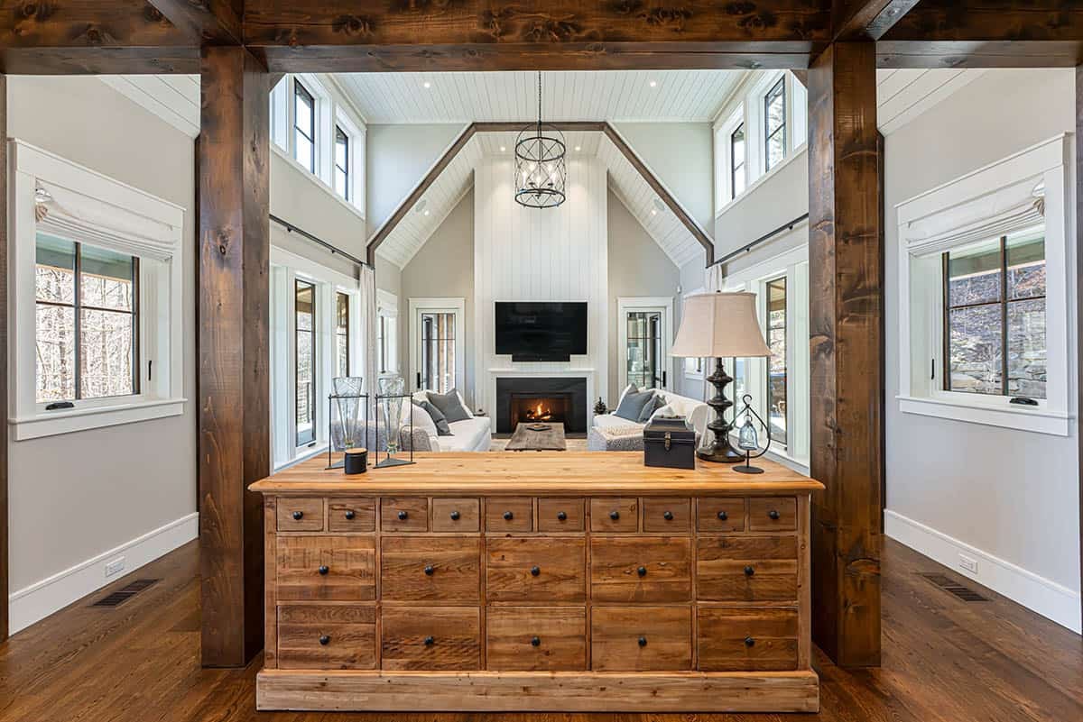 Antique dresser console between living room and entry