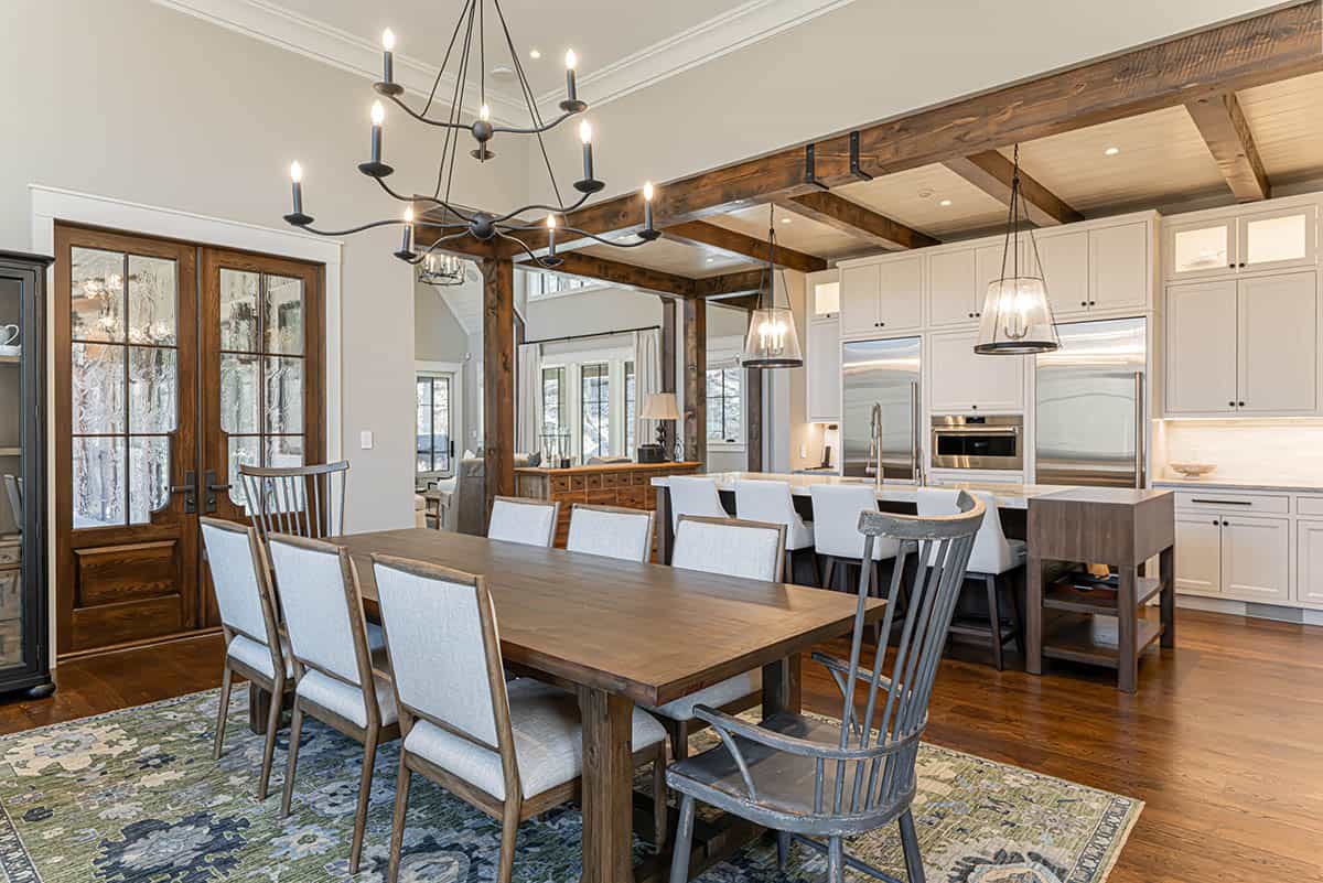 Dining room with farmhouse table and timber post details
