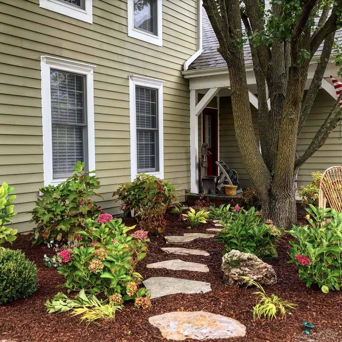 Stepping-stone path through a shaded hydrangea bed beneath a mature tree