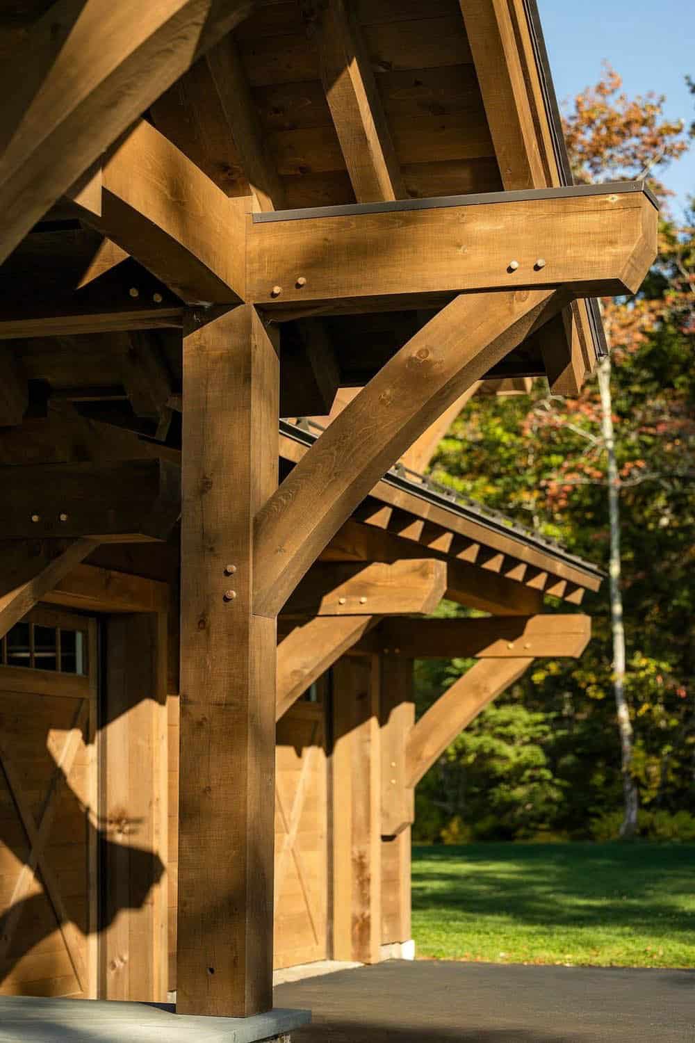Close-up of exterior timber frame joinery with wood peg construction