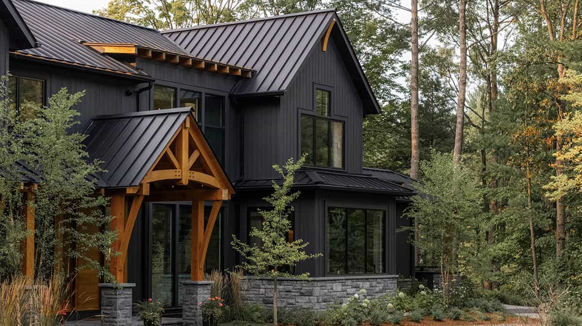 Angled front view of black cottage with timber-frame entry arch, stone base, bay window bump-out, and young tree plantings
