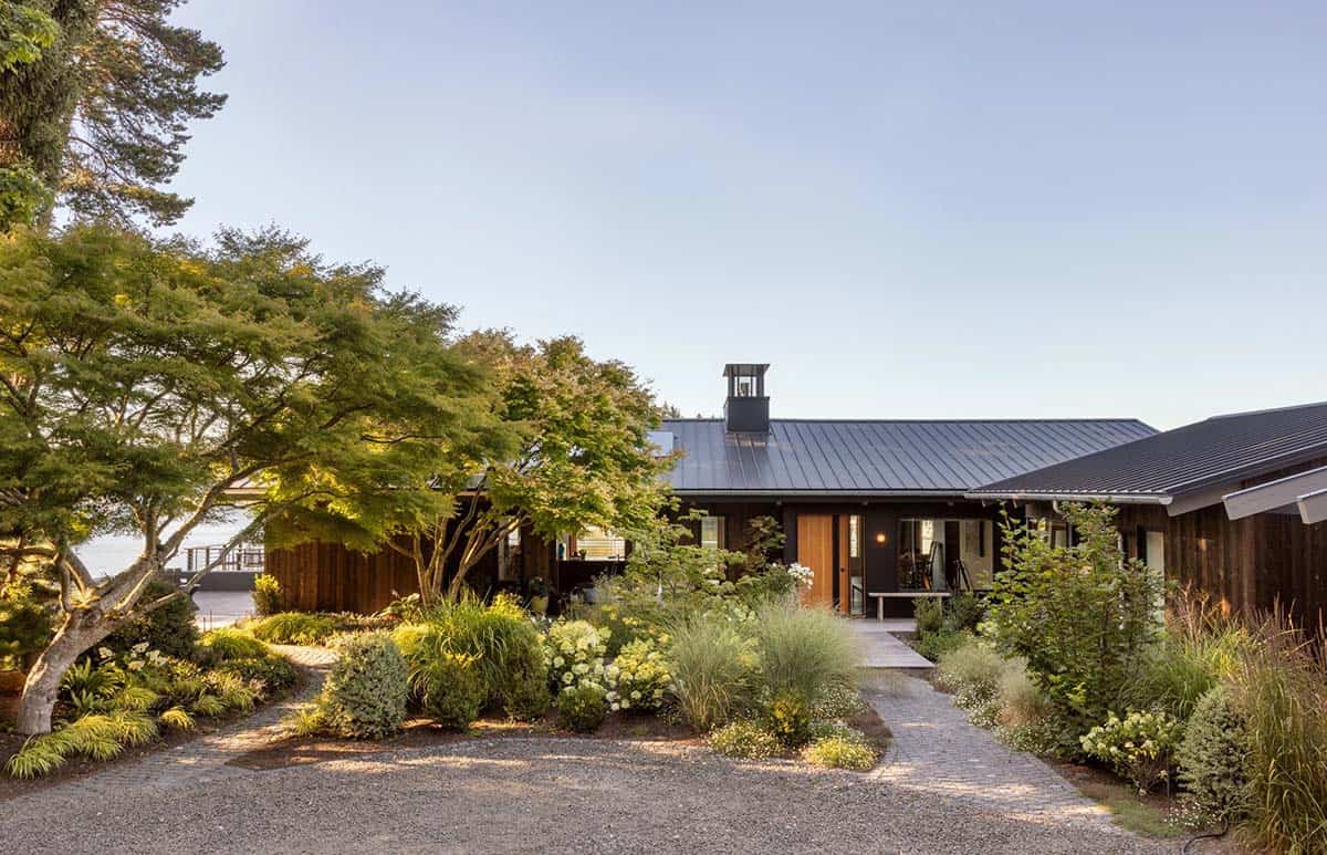 Gravel driveway approach to a dark wood modern home with metal roof, surrounded by lush garden plantings and Japanese maple