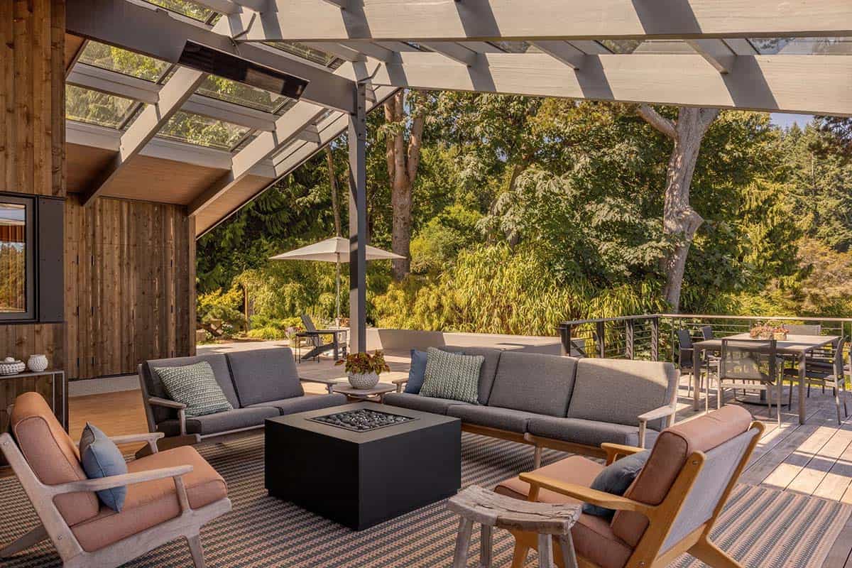 Covered outdoor deck with gray sectional, fire pit table, retractable pergola, and lush wooded backdrop