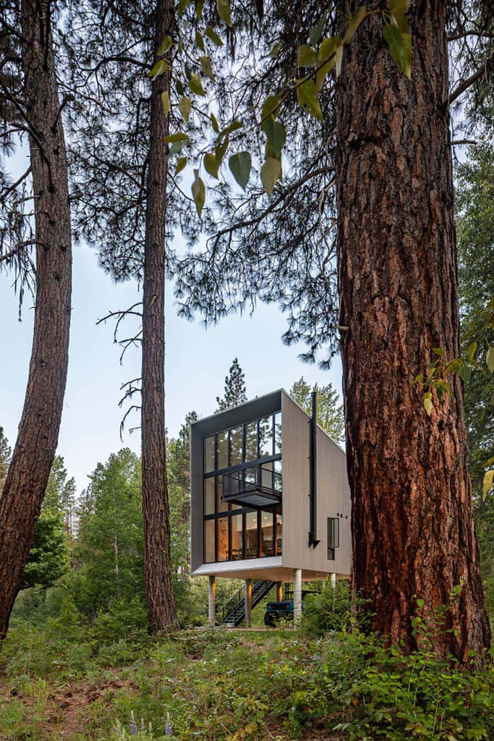 Two-story modern cabin on concrete stilts with full-height glazing seen through pine trees