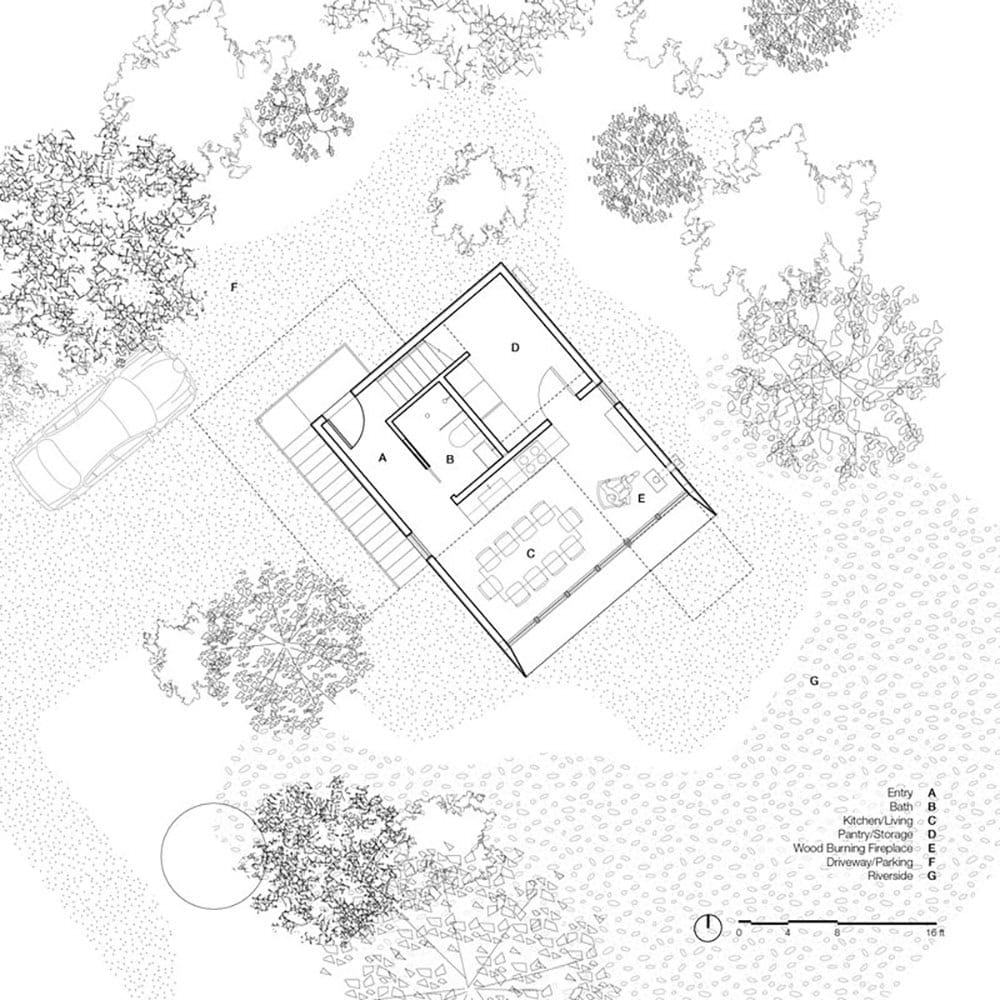 Ground floor site plan showing cabin footprint surrounded by trees and riverside