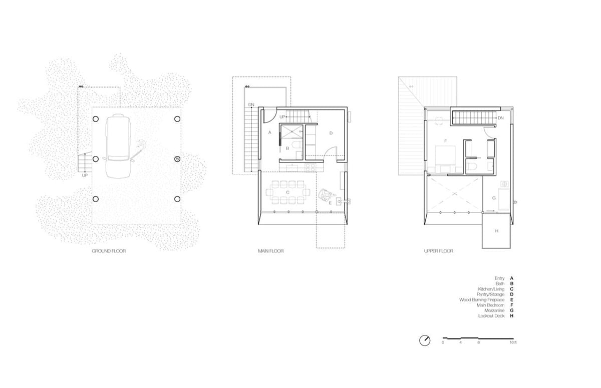 Three-level floor plan showing ground floor main floor and upper floor with mezzanine