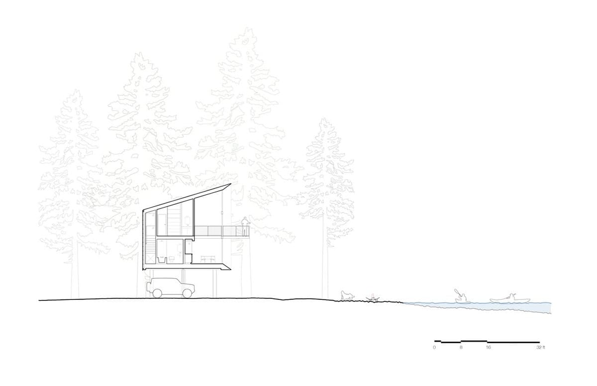 Cross-section drawing showing elevated cabin floors concrete piers and Wenatchee River