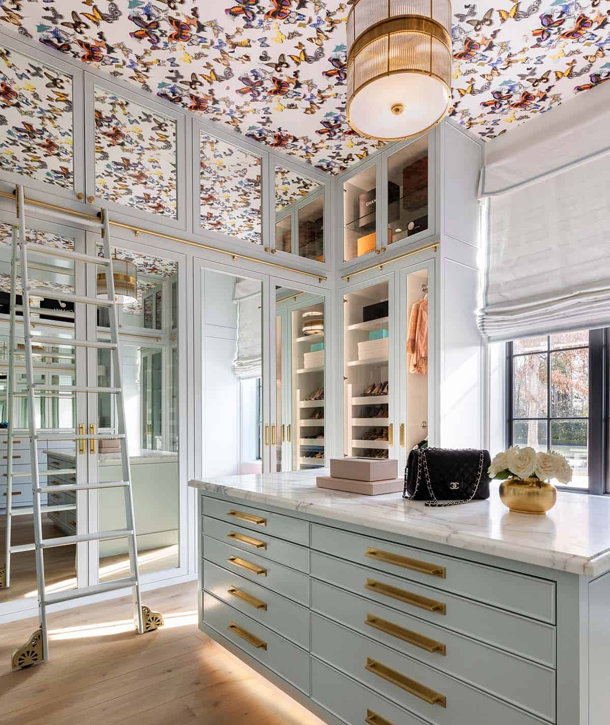 Walk-in closet with butterfly-print ceiling and mirrored cabinet fronts