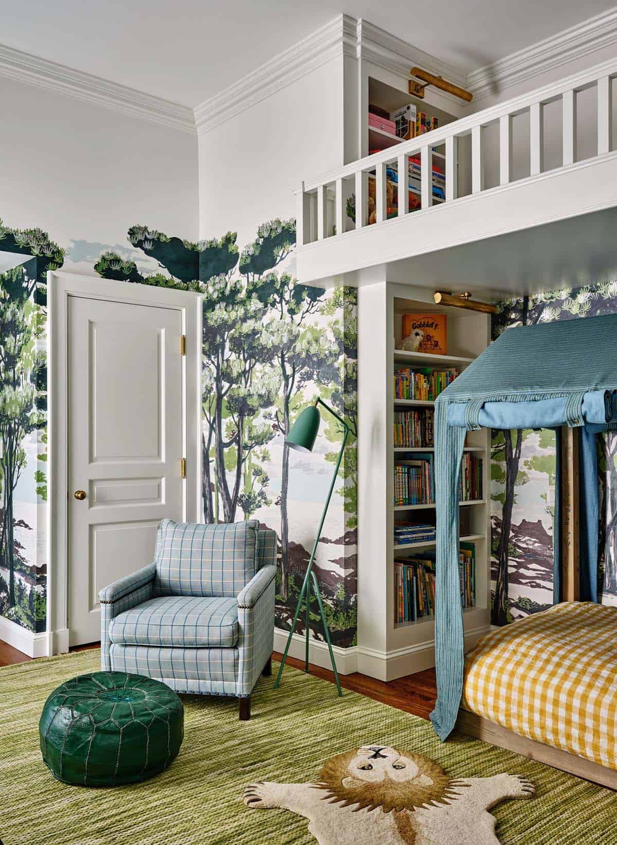 Kids bedroom with forest mural wallpaper and canopy bunk bed