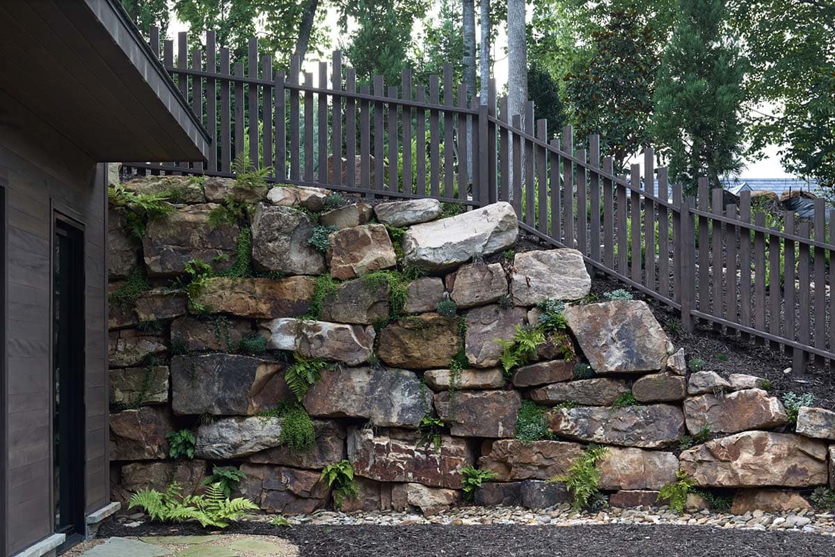 Natural boulder retaining wall with ferns growing between stones, beside a wood picket fence