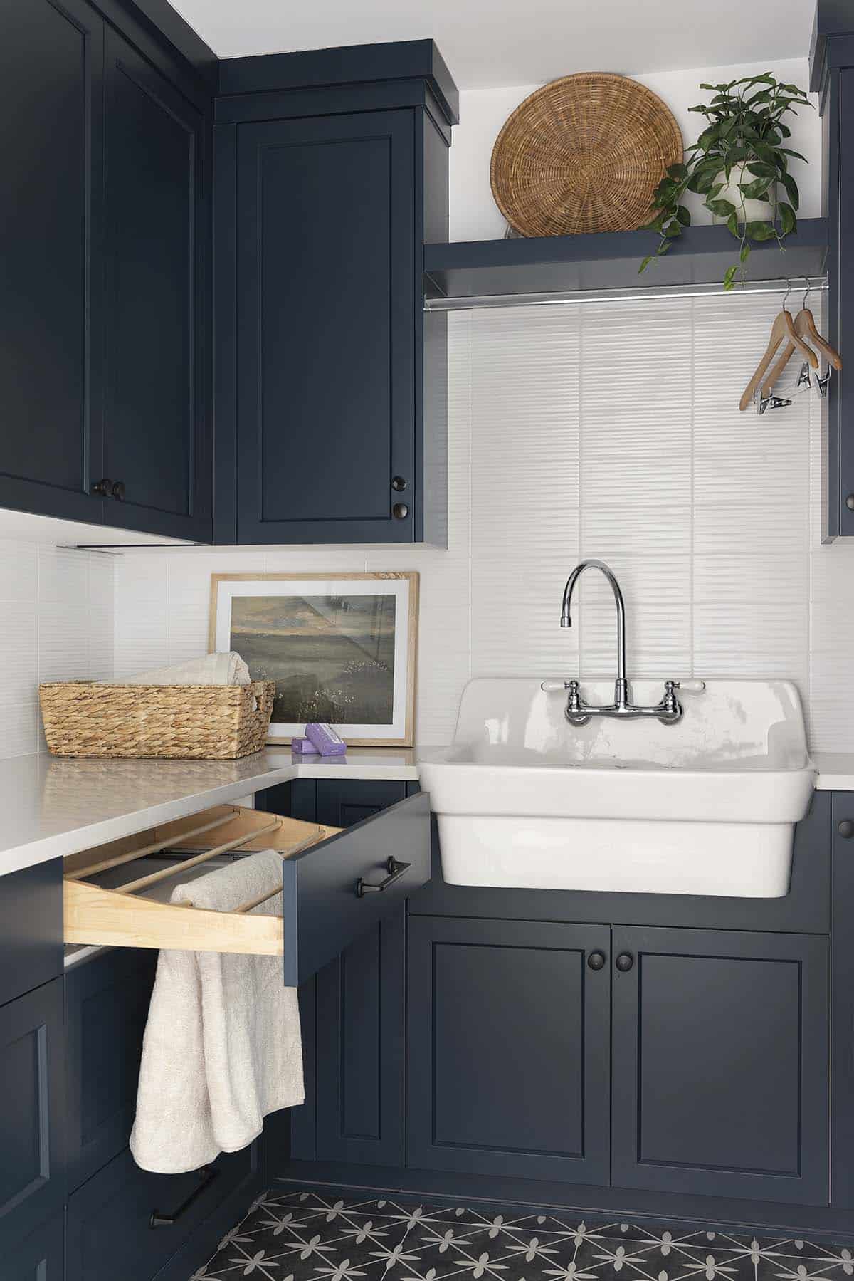 Laundry room drawer with built-in drying rack and utility sink