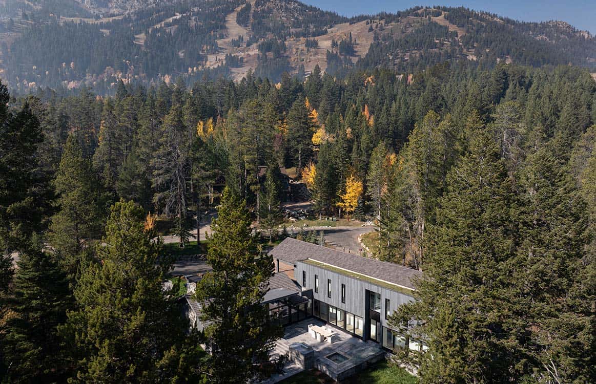 Aerial view showing the home's low profile against the forested valley and distant slopes