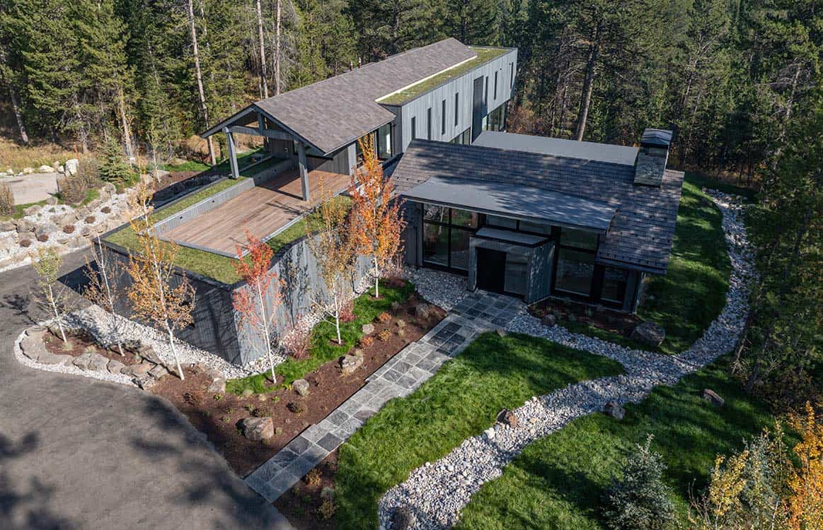 Aerial view of the green roof terrace, stone walkway, and landscaped entry garden