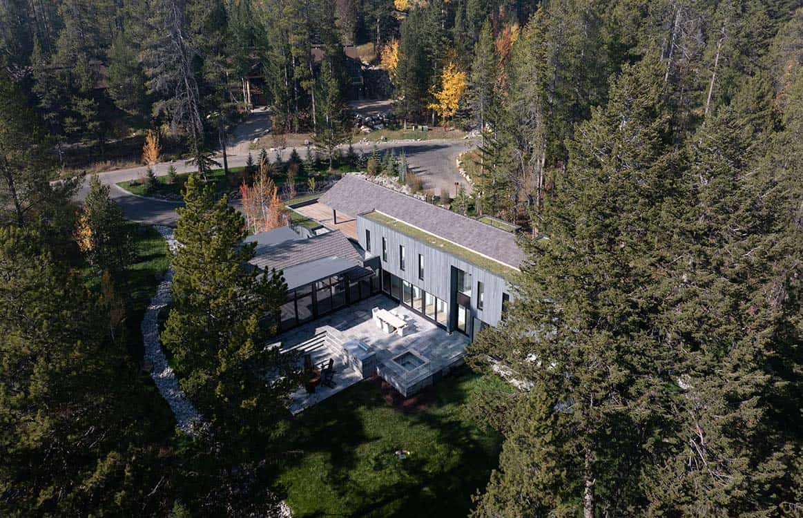 Aerial view of the home's green roof and rear patio tucked into the surrounding pine forest