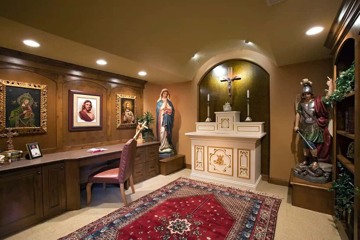 Private chapel room with religious statues and prayer altar