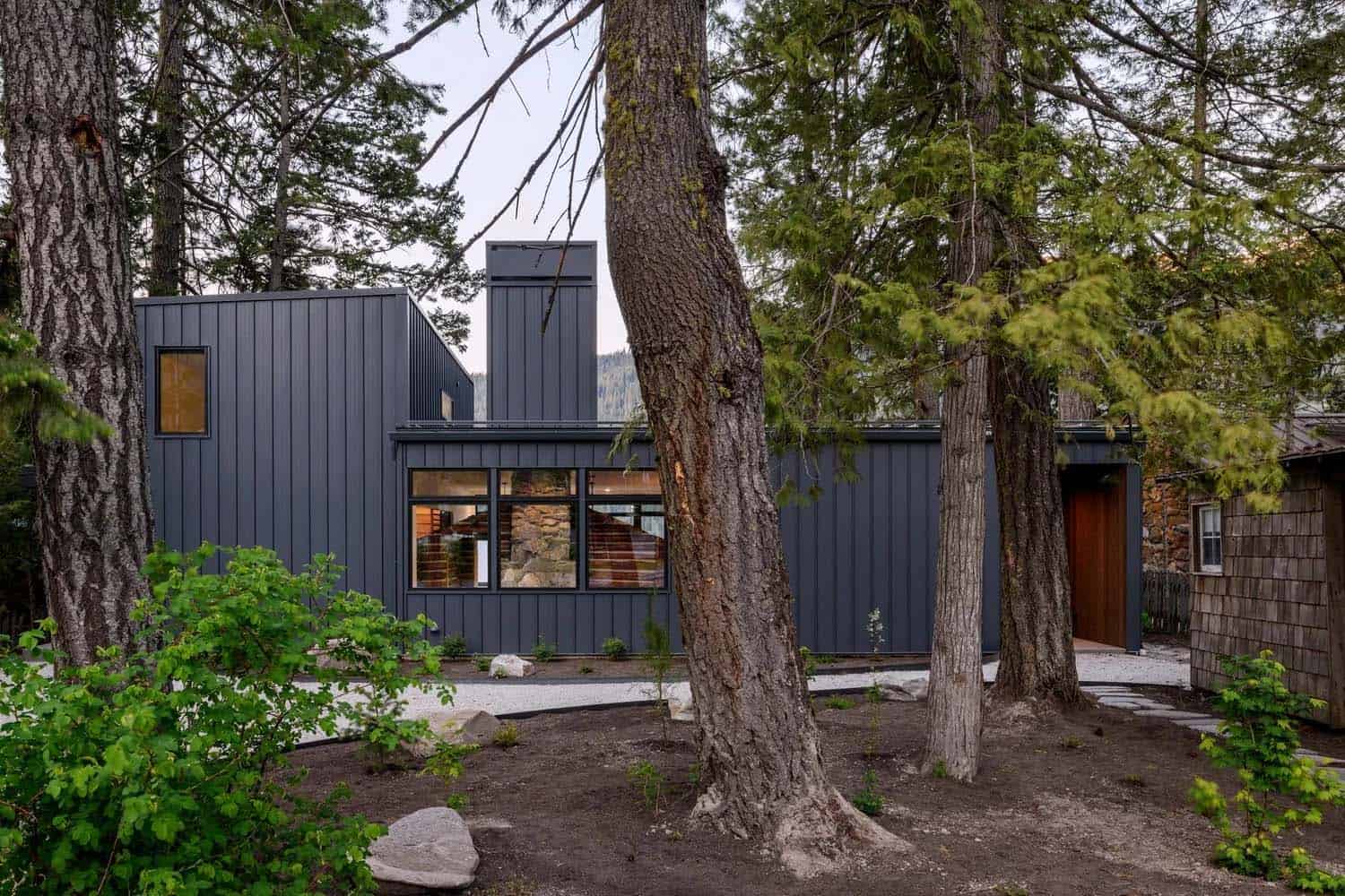 Modern black-clad cabin exterior with vertical metal siding, viewed through tall pine trees
