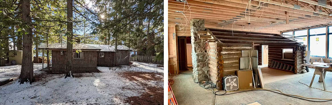 Before-and-after: original weathered cabin exterior in snow (left) beside its log core exposed mid-renovation (right)