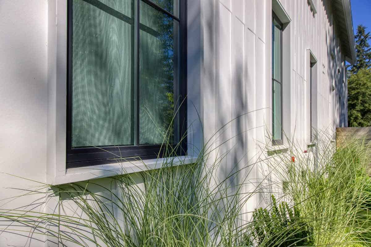 Close-up of black-framed windows against white vertical board-and-batten siding, framed by ornamental grasses