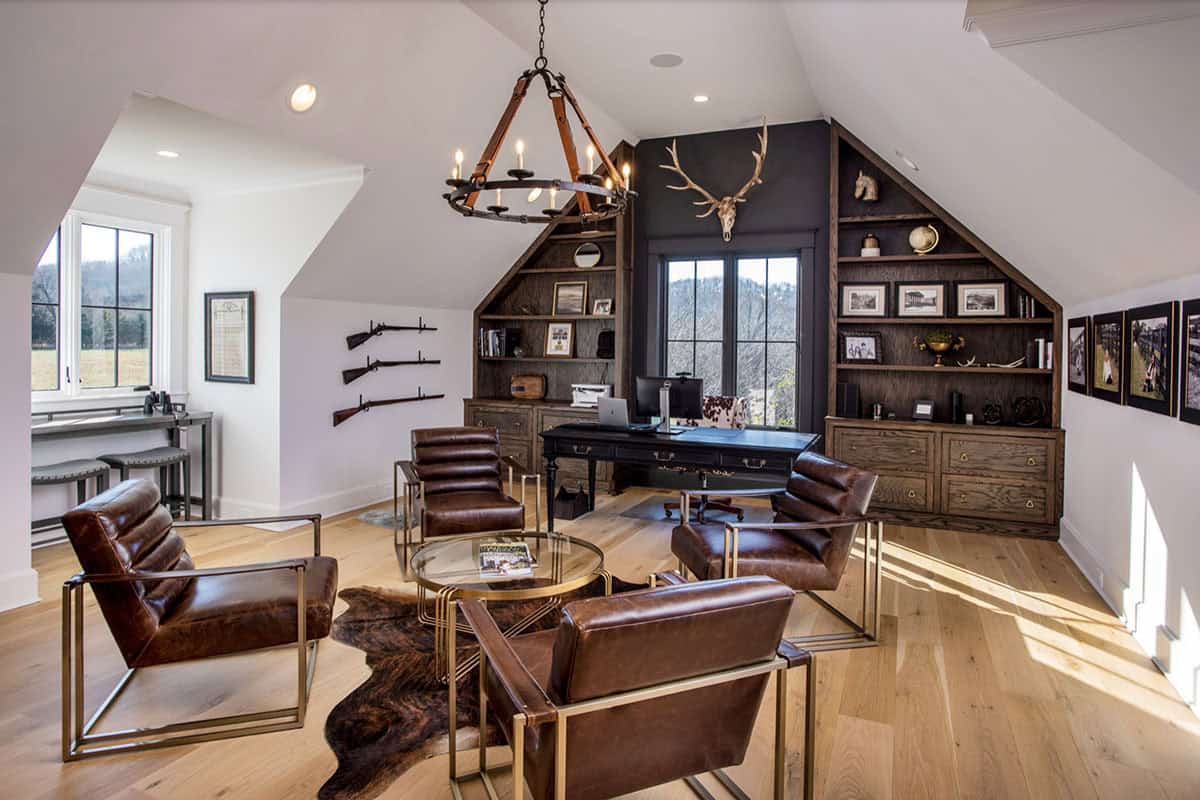 Rustic home office with leather chairs, dark built-ins, and mounted antlers
