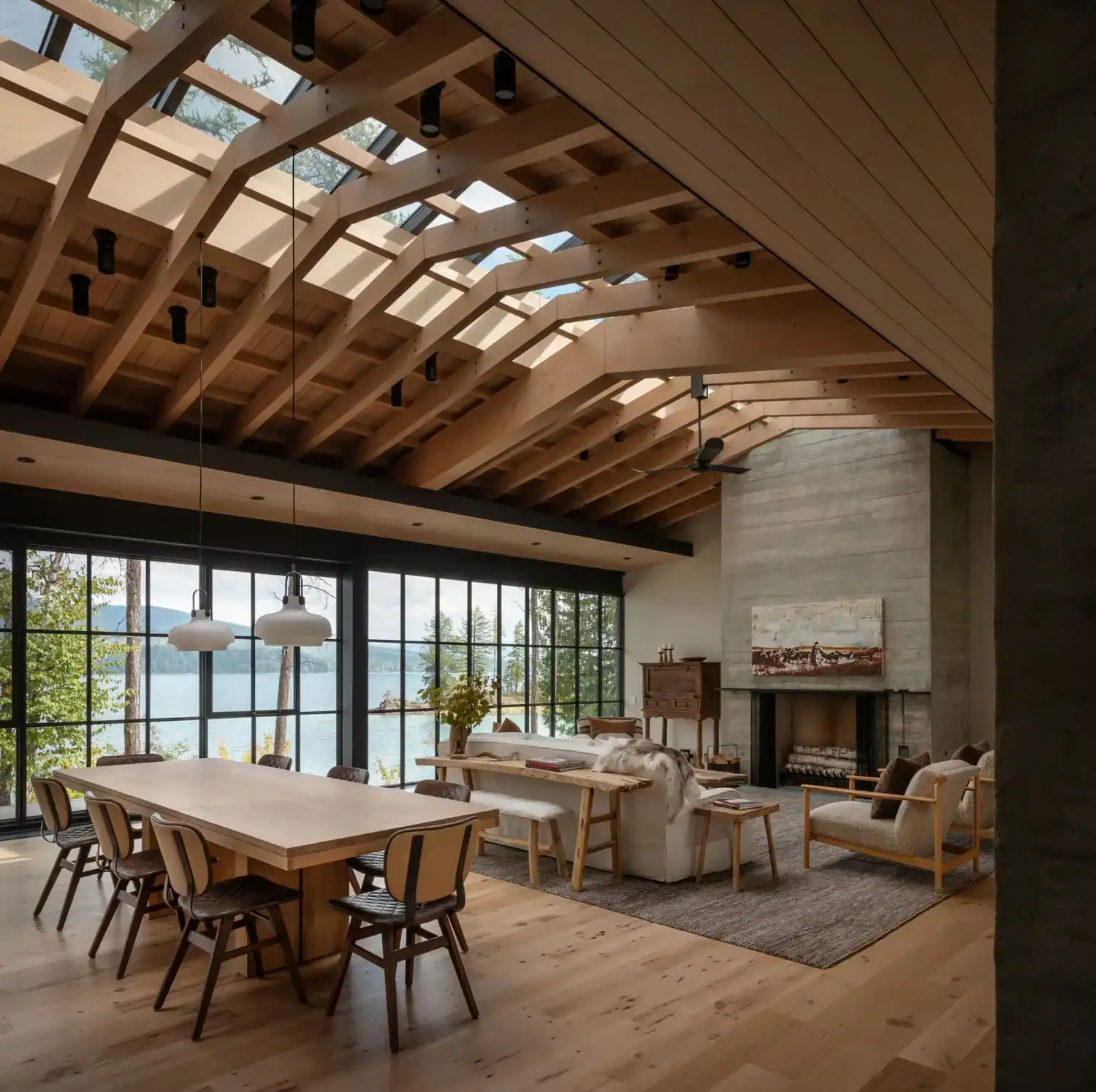 Open living and dining area with vaulted wood ceiling