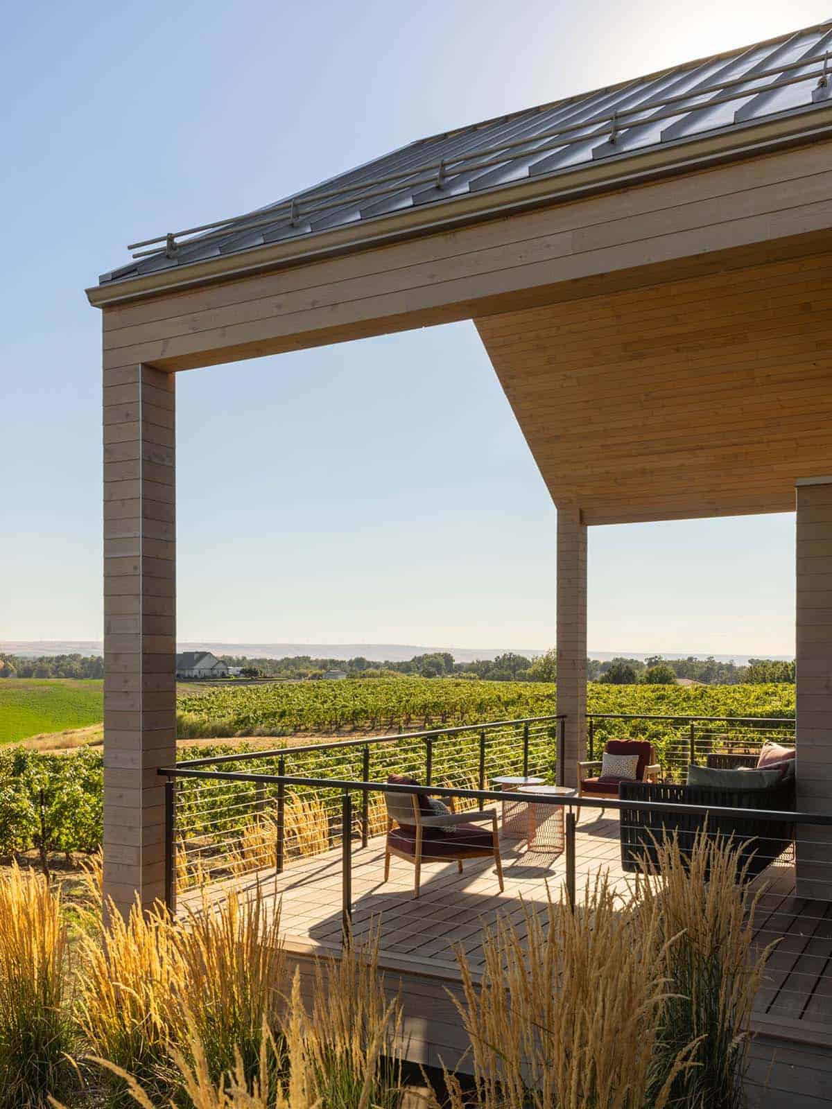 Wood-clad deck overlooking rows of vineyard under clear sky