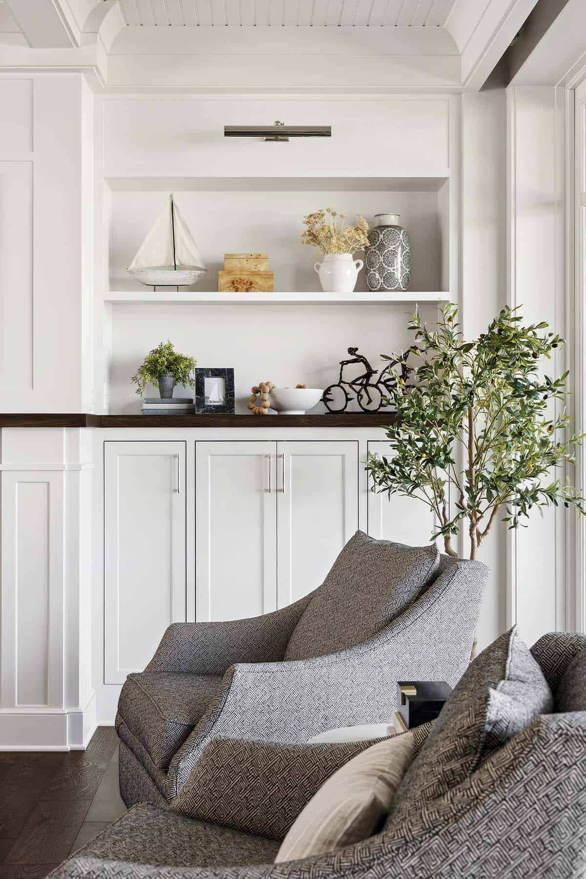 Close-up of built-in shelving with nautical decor accents
