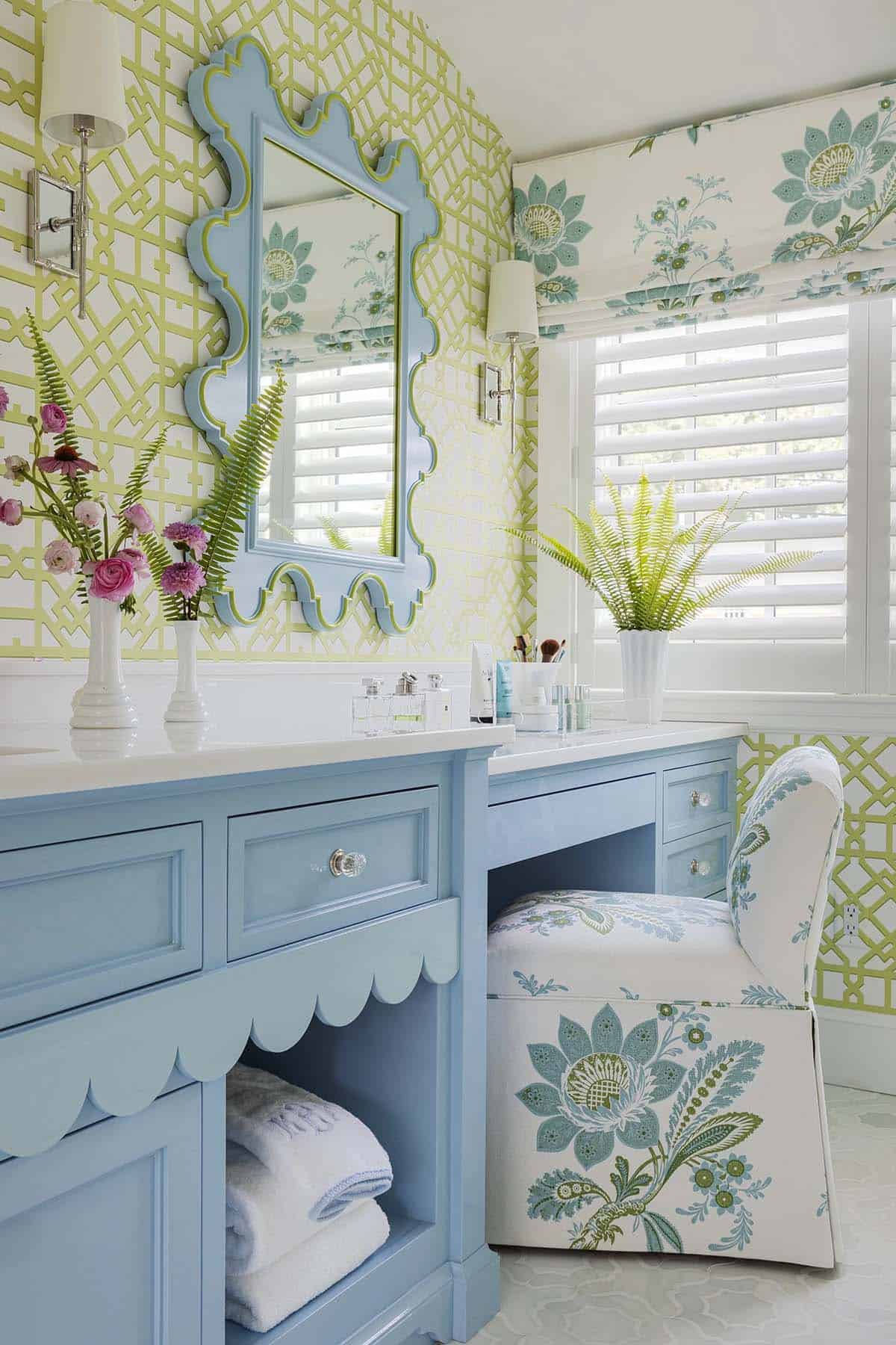 Blue vanity and makeup desk with floral upholstered stool and green trellis wallpaper