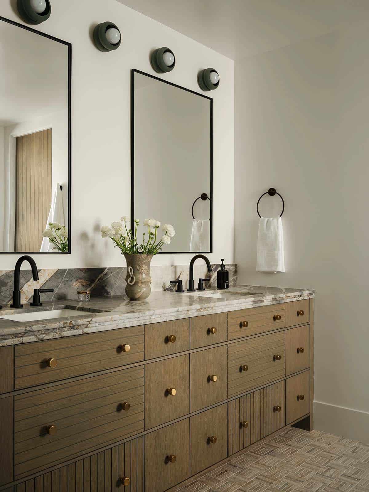 Bathroom with large vanity, dual sinks and rectangular mirrors