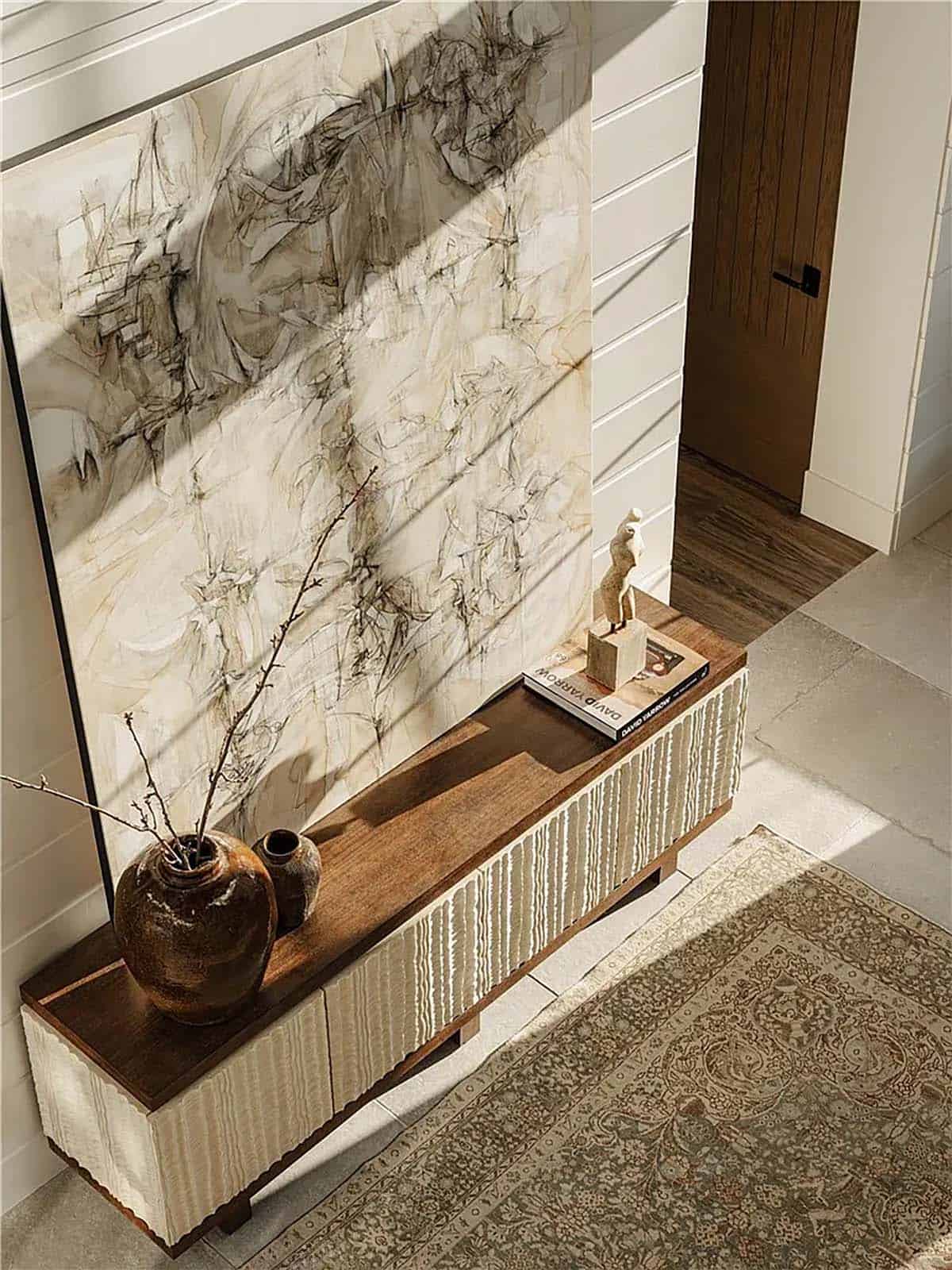 contemporary home entry with a console table overhead view