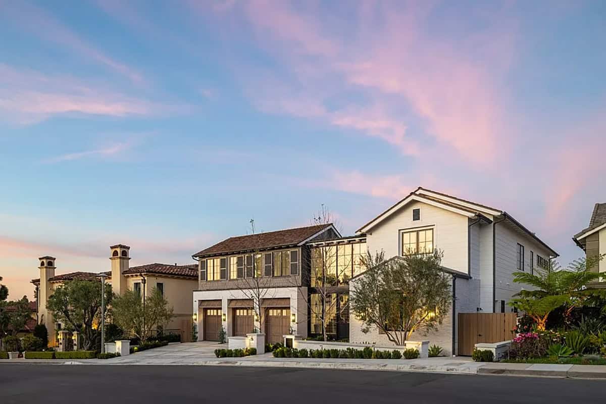 contemporary home exterior street view at sunset