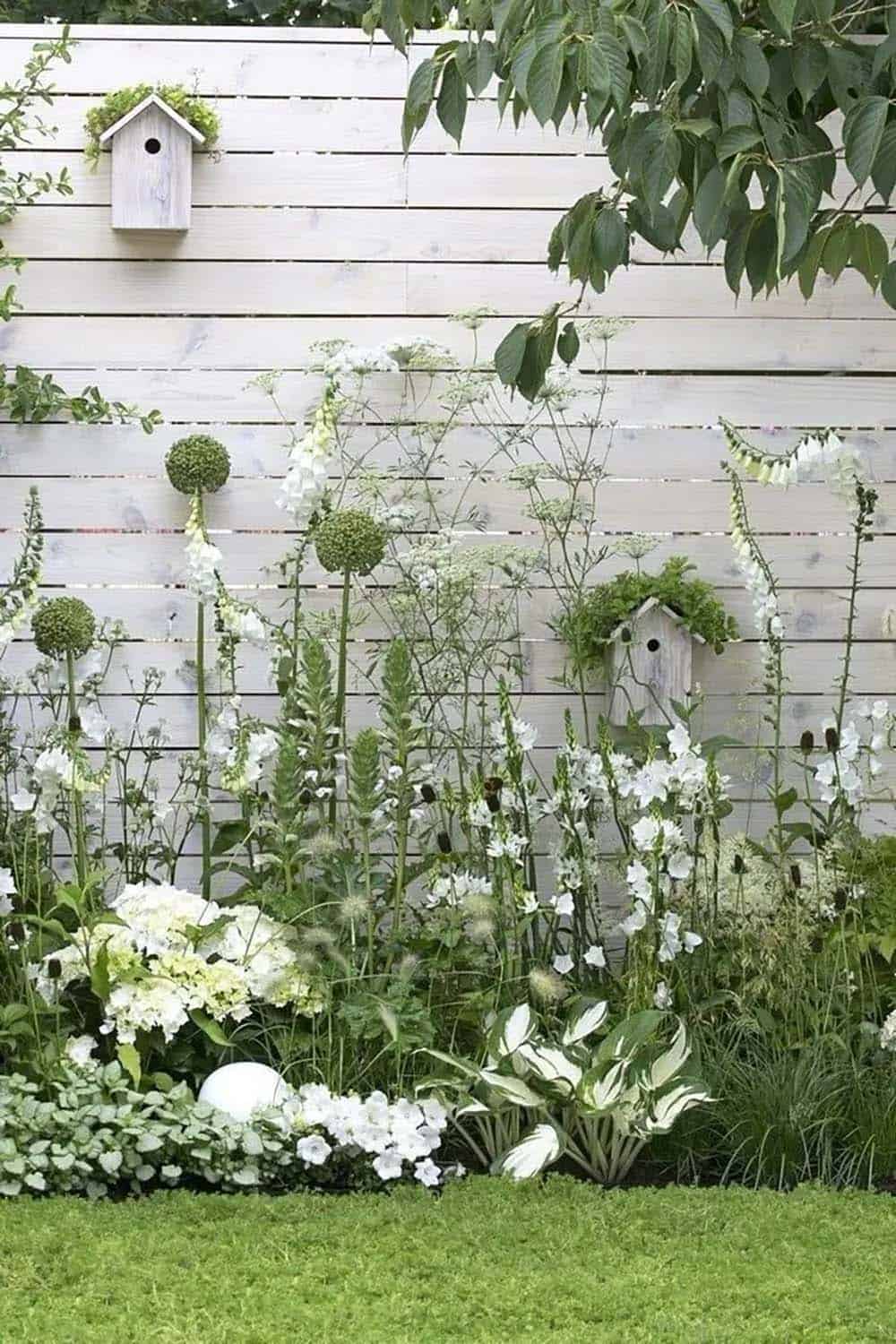 All-white flower garden with foxglove and hydrangea along a whitewashed fence with birdhouses