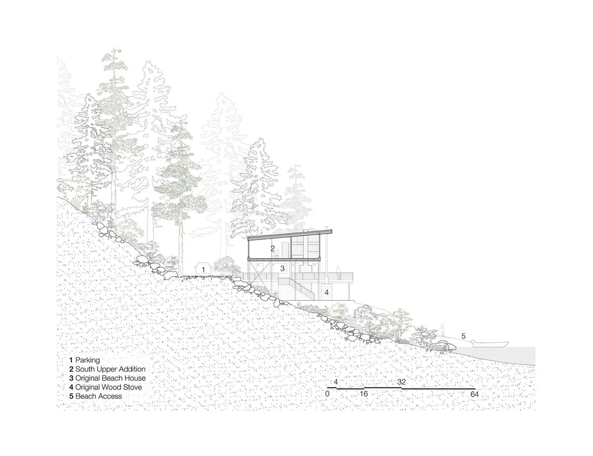 Cross-section drawing of house on sloped, forested site showing relationship between upper addition, original beach house, and shoreline