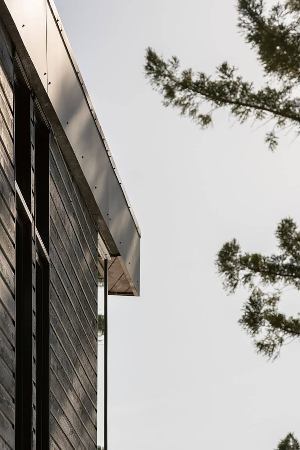 Dark wood-clad facade with cantilevered roofline set against a hazy sky and pine branches