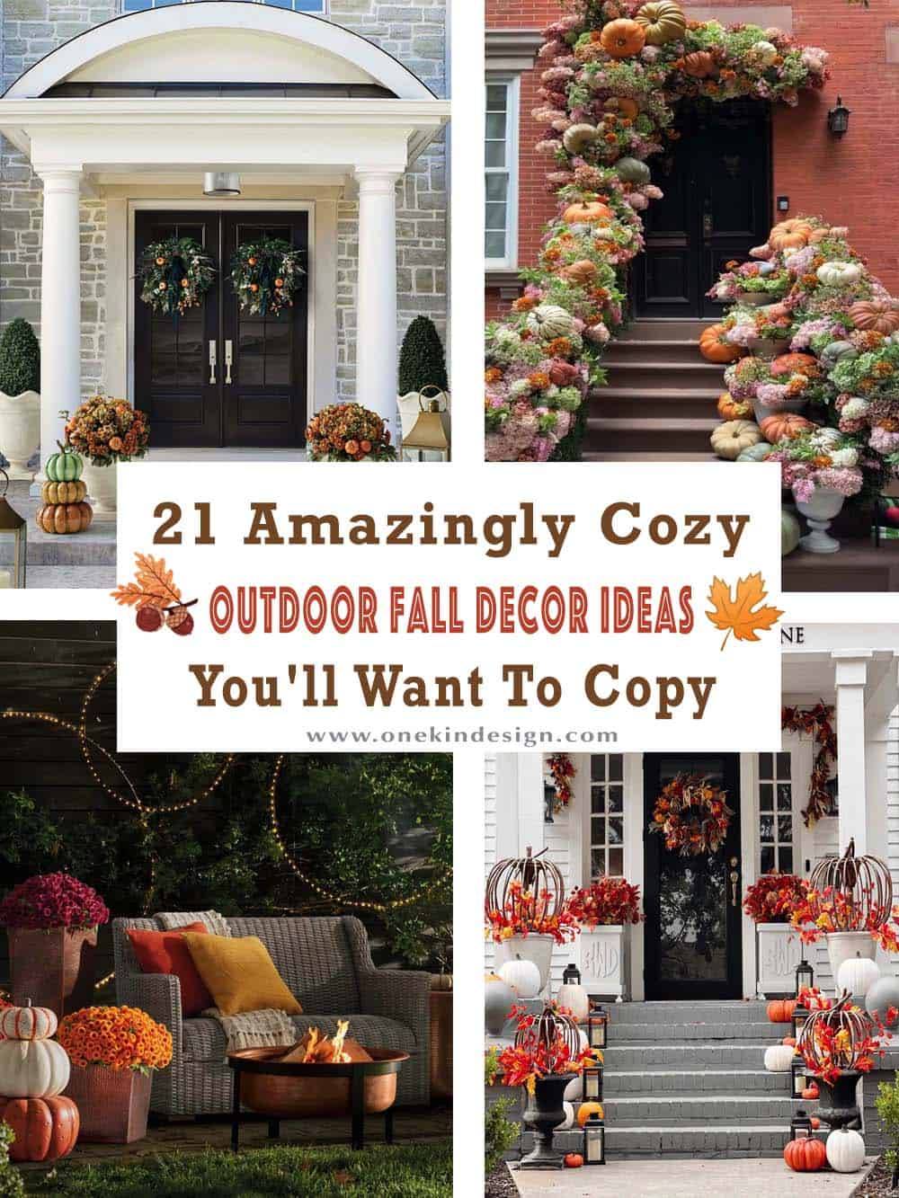 Collage of cozy outdoor fall decor ideas for porches and steps