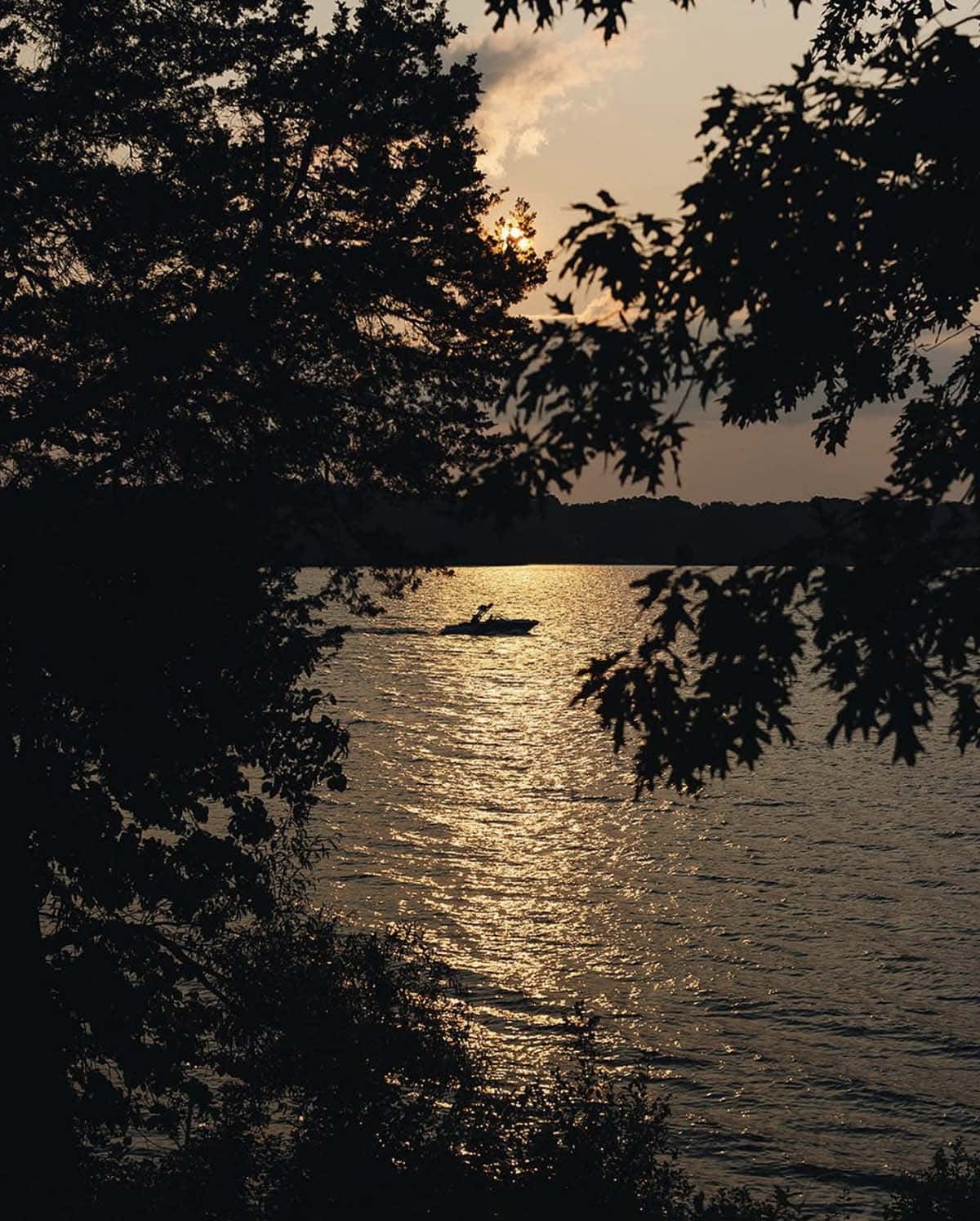 Sunset silhouette of a boat on Pine Lake framed by tree branches