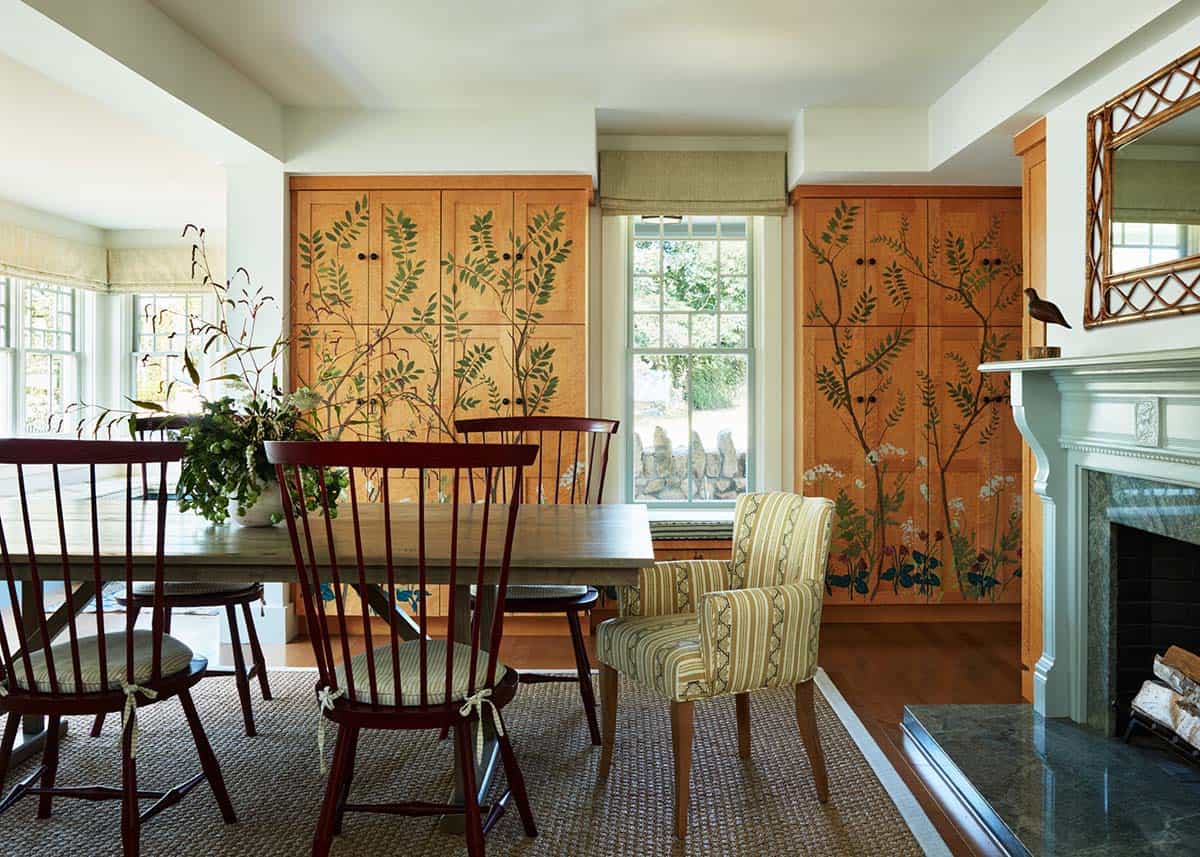 Reading corner with striped chair and blue kilim rug