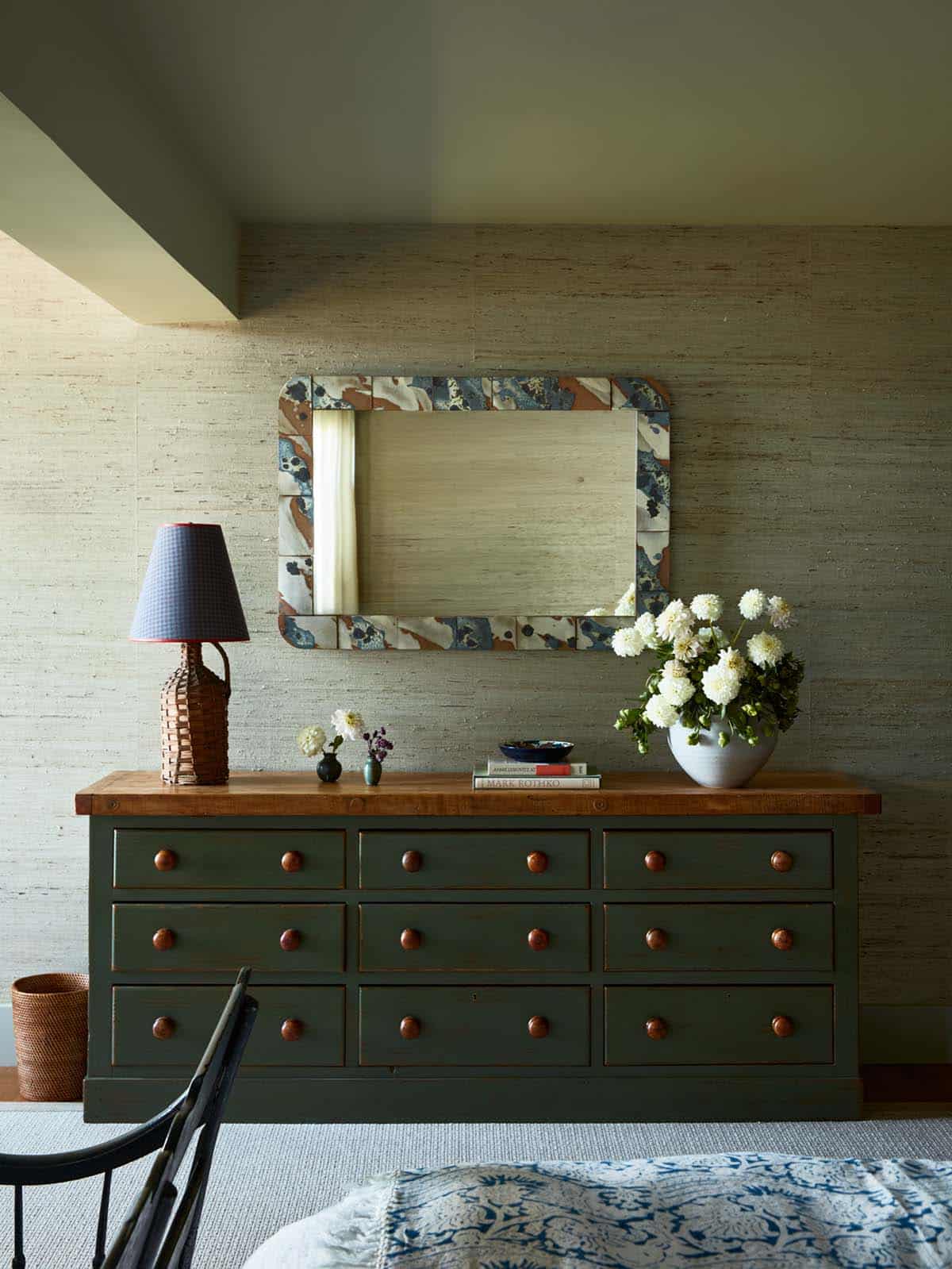 Dresser vignette with tiled mirror and dahlia bouquet
