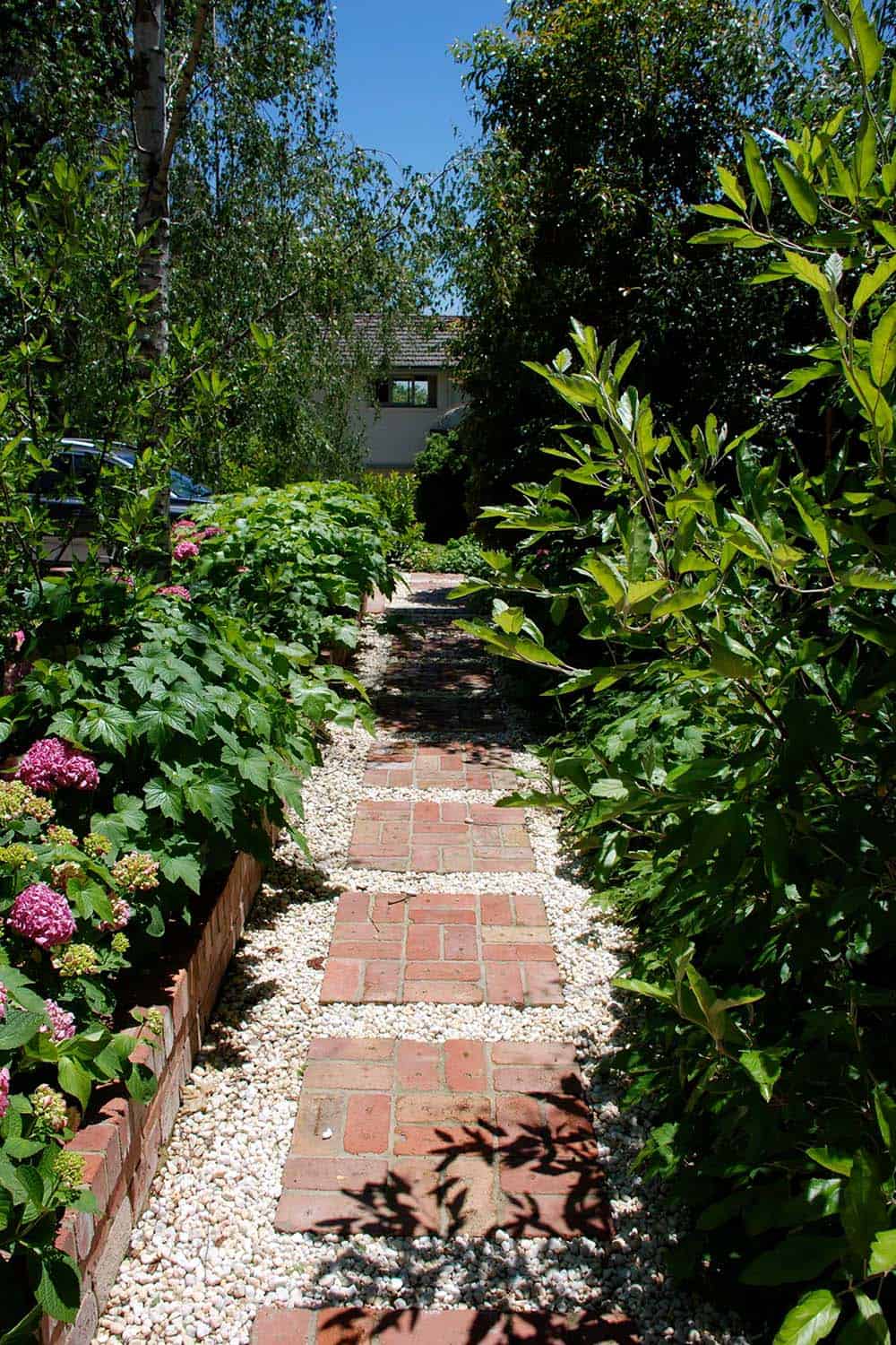 Square brick stepping pads set into white gravel path lined with hydrangeas and a low brick border