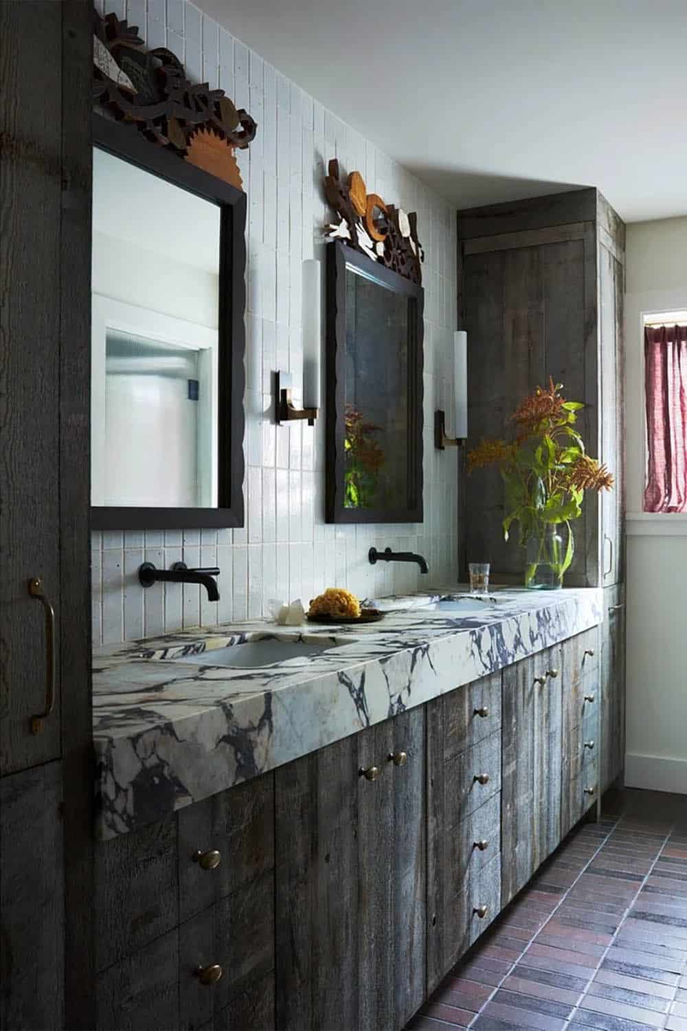 Double vanity with reclaimed wood cabinets and marble countertop