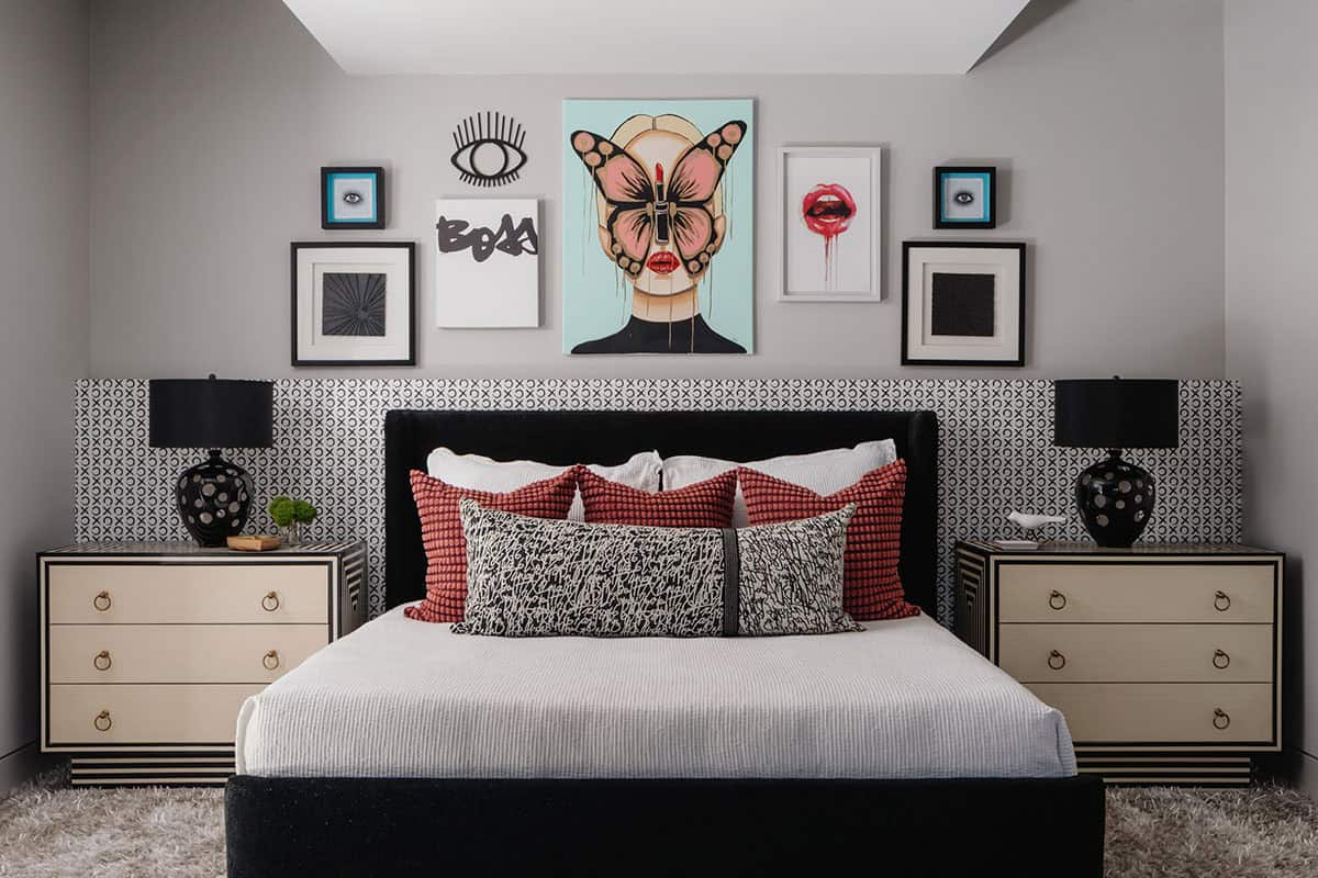 Kids bedroom gallery wall mixing pop art portraits and graphic prints